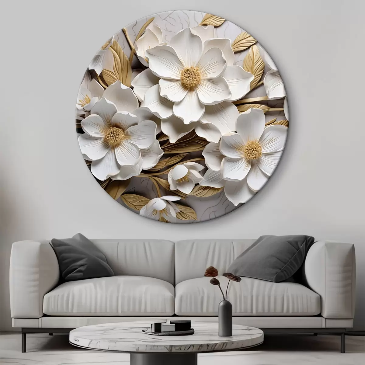 Quadri rotondi Fiori bianchi nello stile di un affresco in rilievo con accenti gialli r43330