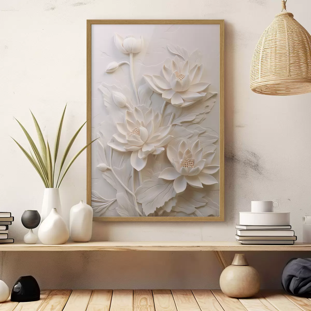 Poster Modanatura bianca, imitazione, fiori f43334