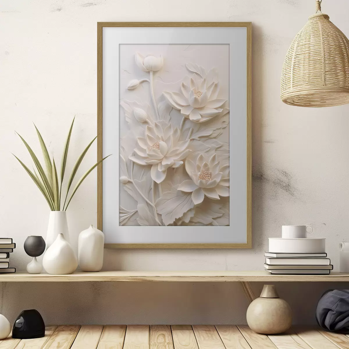 Poster Modanatura bianca, imitazione, fiori f43334