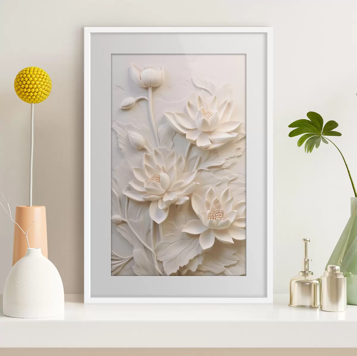 Poster Modanatura bianca, imitazione, fiori f43334