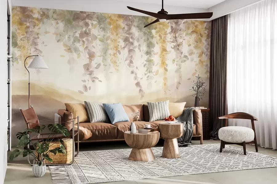 carta da parati Foglie di glicine che pendono sulle montagne colorate, colori tenui giallo pastello e marrone, paesaggio in stile acquerello nr. w08909v1