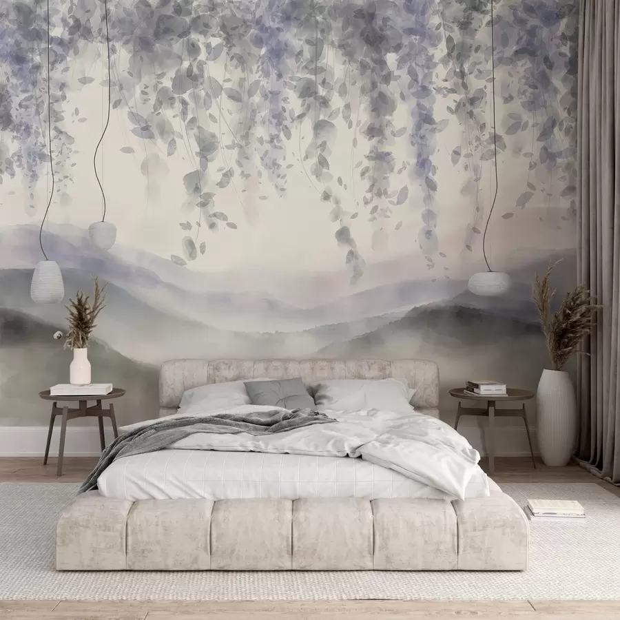 Carta da parati Floreale Foglie di glicine che pendono sulle montagne colorate, tenui colori pastello blu e grigi, paesaggio in stile acquerello n. w08909