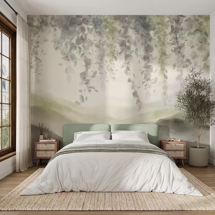 carta da parati Foglie di glicine che pendono sulle montagne colorate, colori tenui verde pastello e beige, paesaggio in stile acquerello nr. w08909v2