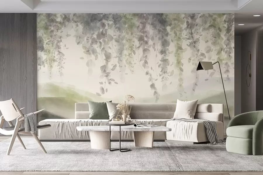 carta da parati Foglie di glicine che pendono sulle montagne colorate, colori tenui verde pastello e beige, paesaggio in stile acquerello nr. w08909v2