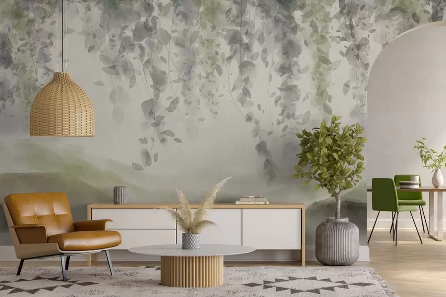 carta da parati Foglie di glicine che pendono sulle montagne colorate, colori tenui verde pastello e beige, paesaggio in stile acquerello nr. w08909v2