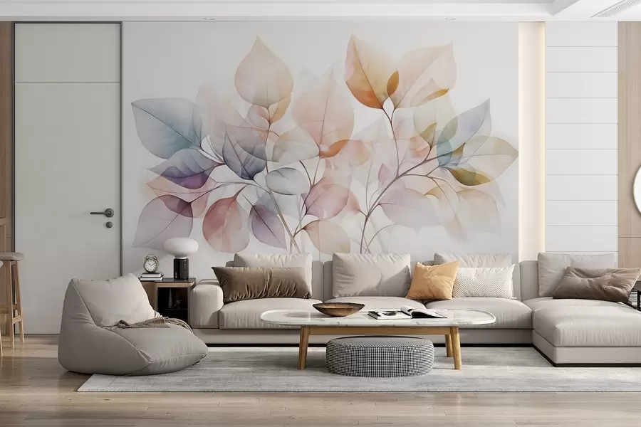 Carta da parati nature Pittura ad acquerello di foglie traslucide in colori pastello, con sfumature di rosa, bianco, viola e blu 