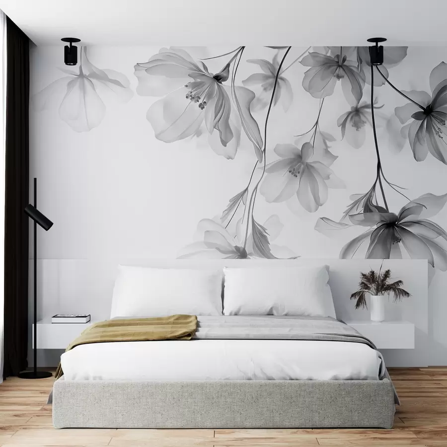 Carta da parati Fiori grandi Fiori neri con petali traslucidi appesi a un ramo, bianco e nero, composizione d'arte moderna minimalista n. w08911