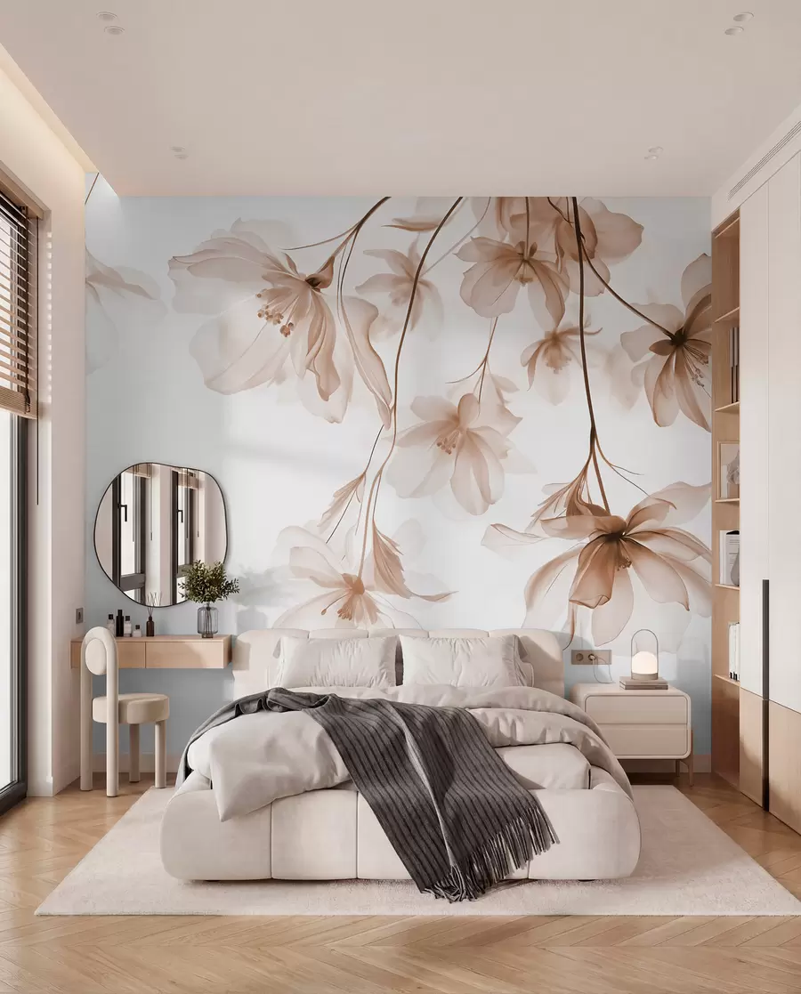 carta da parati Fiori beige con petali traslucidi appesi a un ramo, beige e bianco, composizione d'arte moderna minimalista nr. w08911v1