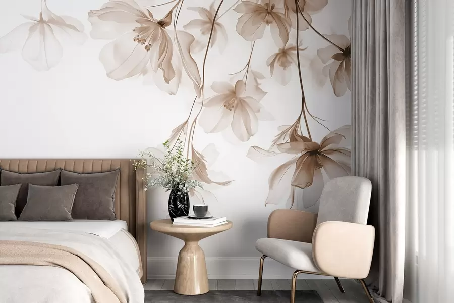 carta da parati Fiori beige con petali traslucidi appesi a un ramo, beige e bianco, composizione d'arte moderna minimalista nr. w08911v1