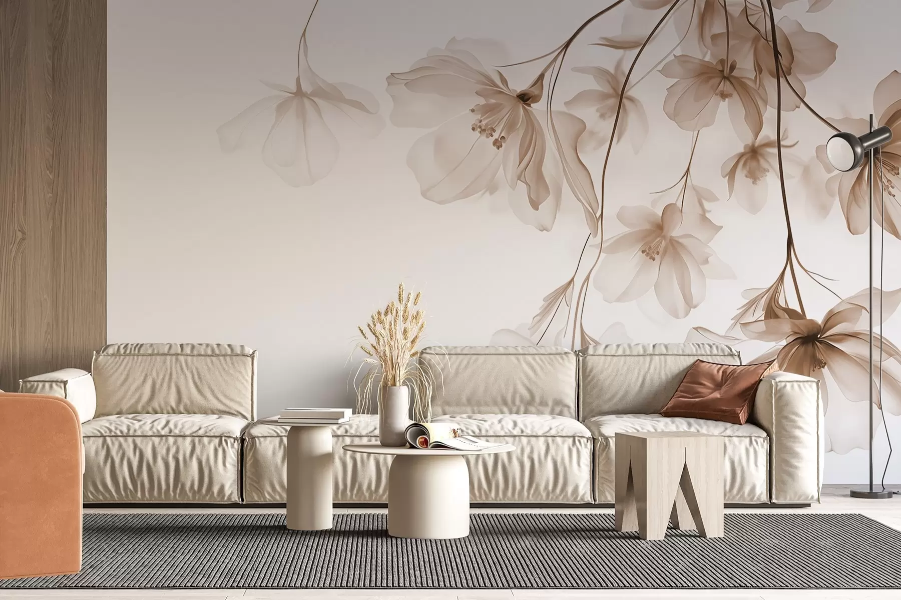 carta da parati Fiori beige con petali traslucidi appesi a un ramo, beige e bianco, composizione d'arte moderna minimalista nr. w08911v1