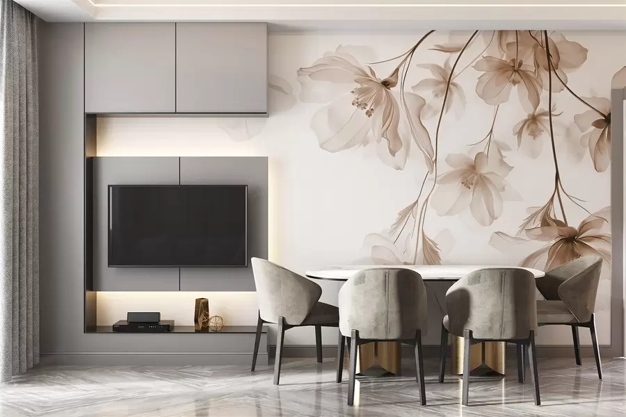 carta da parati Fiori beige con petali traslucidi appesi a un ramo, beige e bianco, composizione d'arte moderna minimalista nr. w08911v1