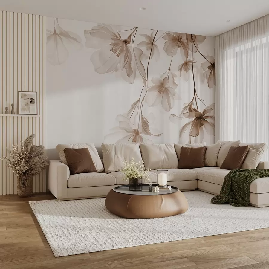 carta da parati Fiori beige con petali traslucidi appesi a un ramo, beige e bianco, composizione d'arte moderna minimalista nr. w08911v1