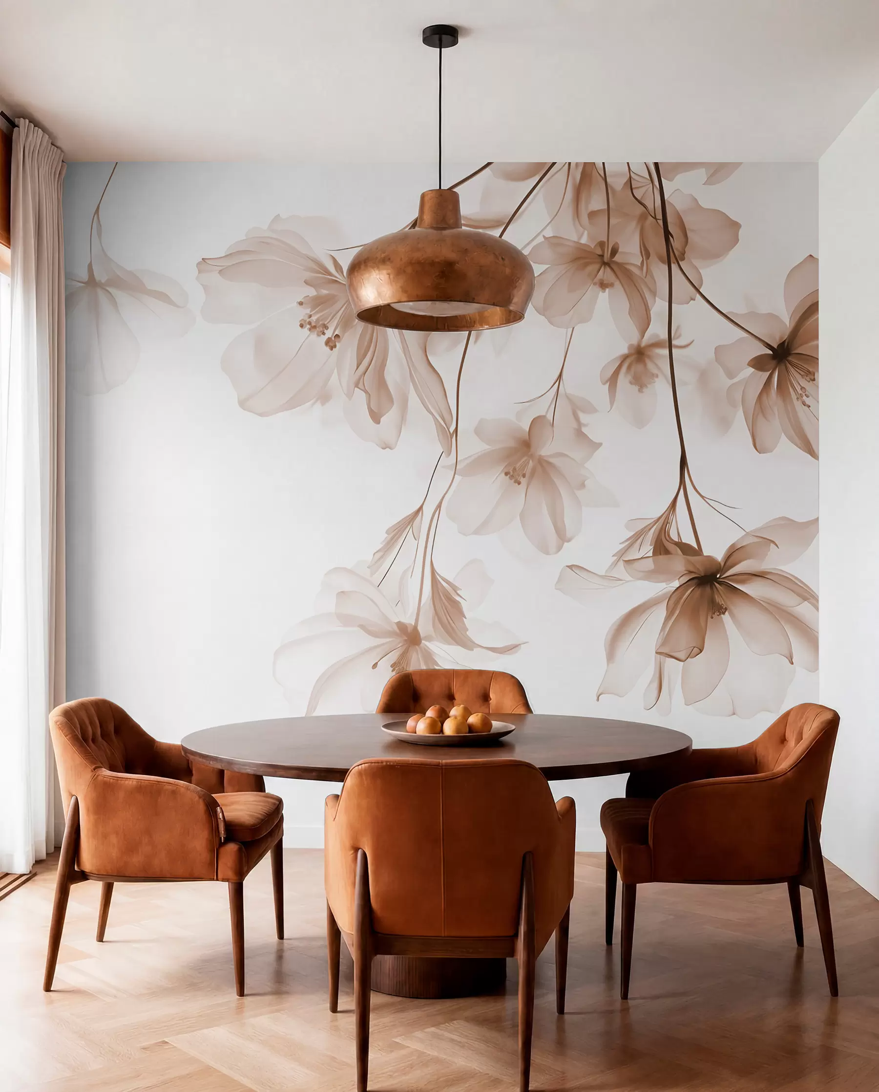 carta da parati Fiori beige con petali traslucidi appesi a un ramo, beige e bianco, composizione d'arte moderna minimalista nr. w08911v1