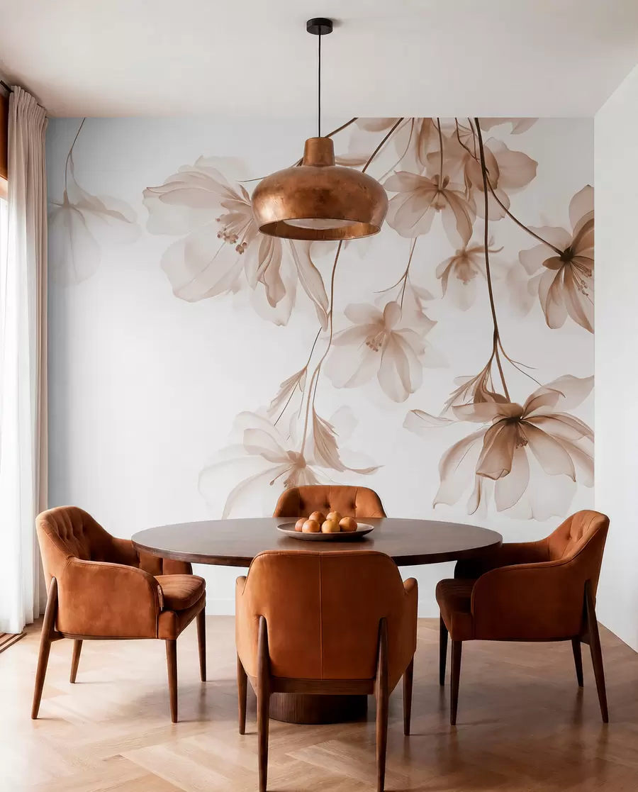 carta da parati Fiori beige con petali traslucidi appesi a un ramo, beige e bianco, composizione d'arte moderna minimalista nr. w08911v1