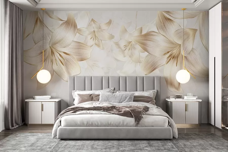 carta da parati Gigli gialli con dettagli di linee intricate, composizione floreale elegante, tavolozza di colori neutri nr. w08912