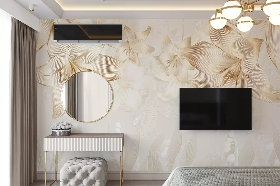 carta da parati Gigli gialli con dettagli di linee intricate, composizione floreale elegante, tavolozza di colori neutri nr. w08912