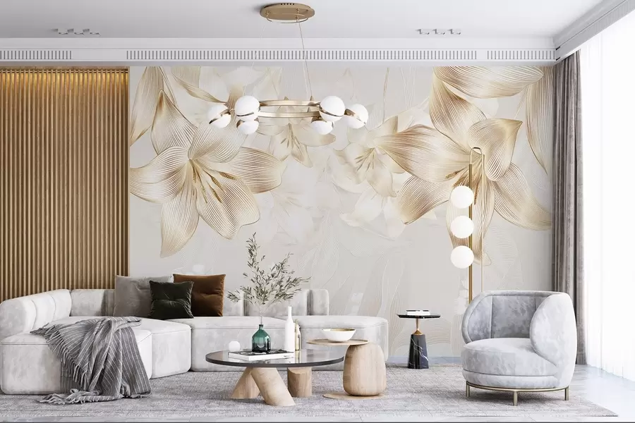 carta da parati Gigli gialli con dettagli di linee intricate, composizione floreale elegante, tavolozza di colori neutri nr. w08912