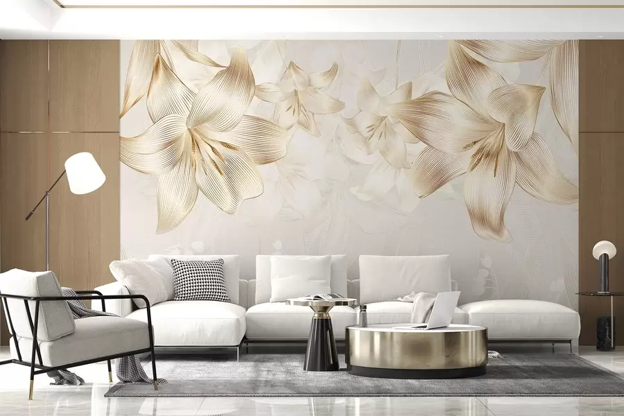 carta da parati Gigli gialli con dettagli di linee intricate, composizione floreale elegante, tavolozza di colori neutri nr. w08912