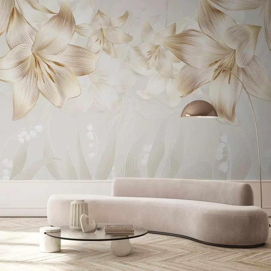 carta da parati Gigli gialli con dettagli di linee intricate, composizione floreale elegante, tavolozza di colori neutri nr. w08912