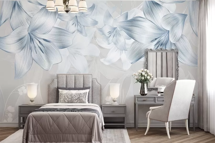 Carta da parati Floreale Gigli blu con dettagli di linee intricate, composizione floreale elegante, tavolozza di colori neutri n. w08912v1