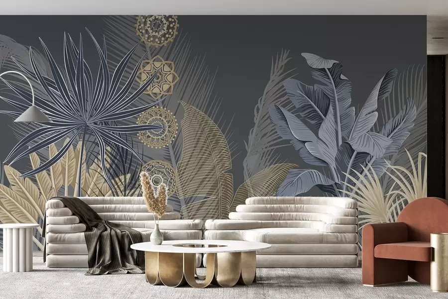 carta da parati Foglie tropicali nei toni del blu e del marrone, foglie di palma, foglie di banano e ornamenti mandala, sfondo scuro nr. w08913