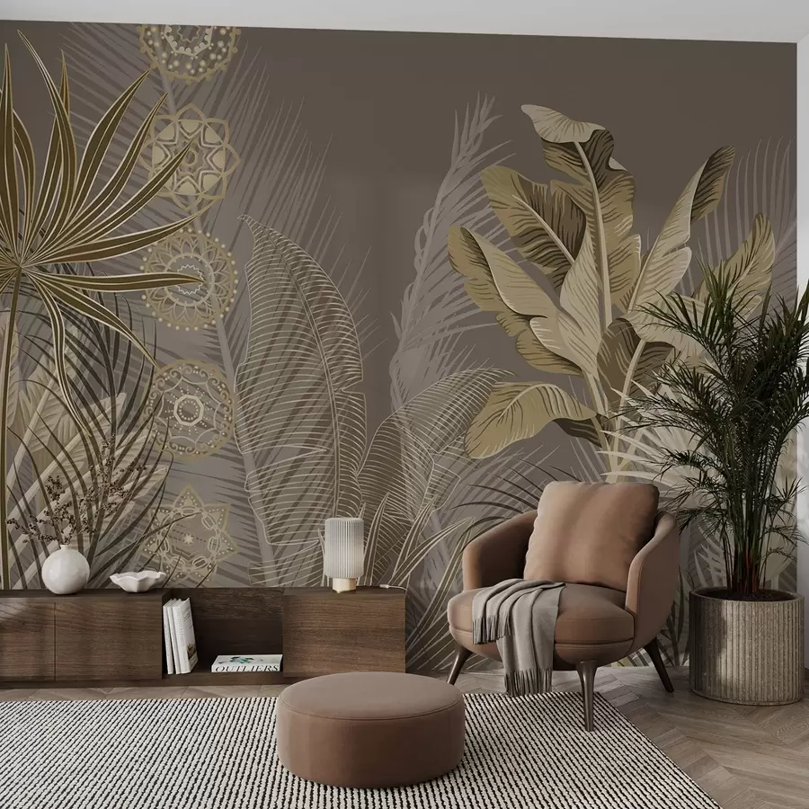 carta da parati Foglie tropicali nei toni del beige e del marrone, foglie di palma, foglie di banano e ornamenti mandala, sfondo scuro nr. w08913v1
