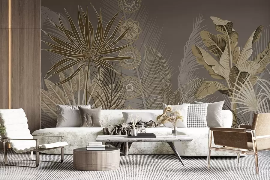 carta da parati Foglie tropicali nei toni del beige e del marrone, foglie di palma, foglie di banano e ornamenti mandala, sfondo scuro nr. w08913v1