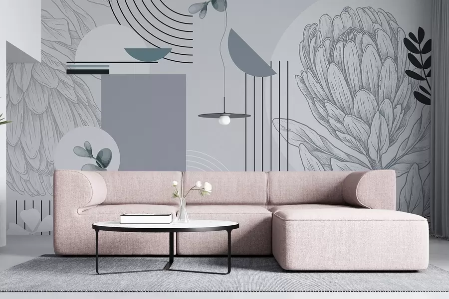 carta da parati Stampa botanica astratta con fiore di protea, foglie di eucalipto, forme geometriche in stile minimalista, colori pastello nr. w08914v1