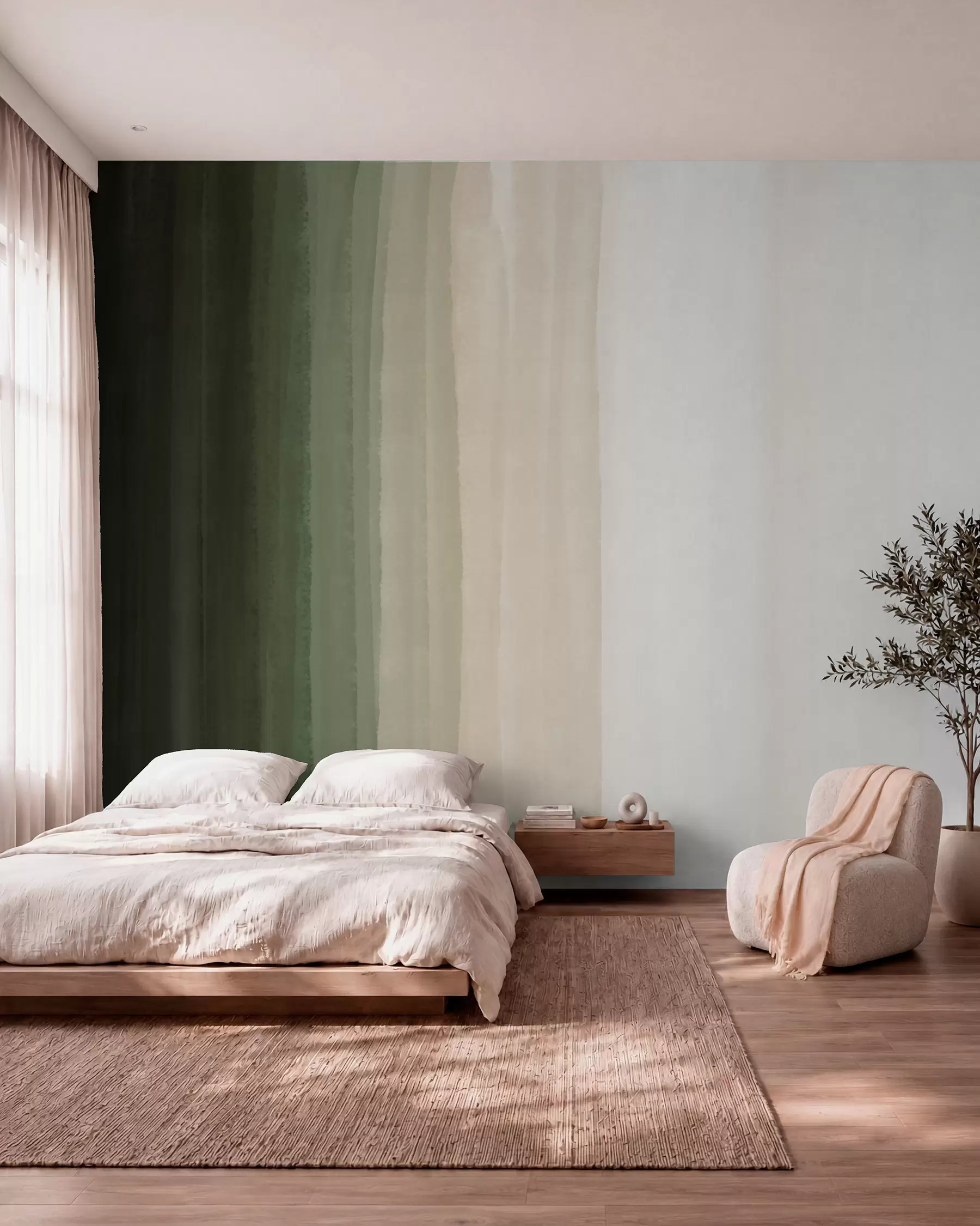 carta da parati Stampa astratta minimalista a strisce verticali di colore verde scuro, beige e bianco  nr. w08915