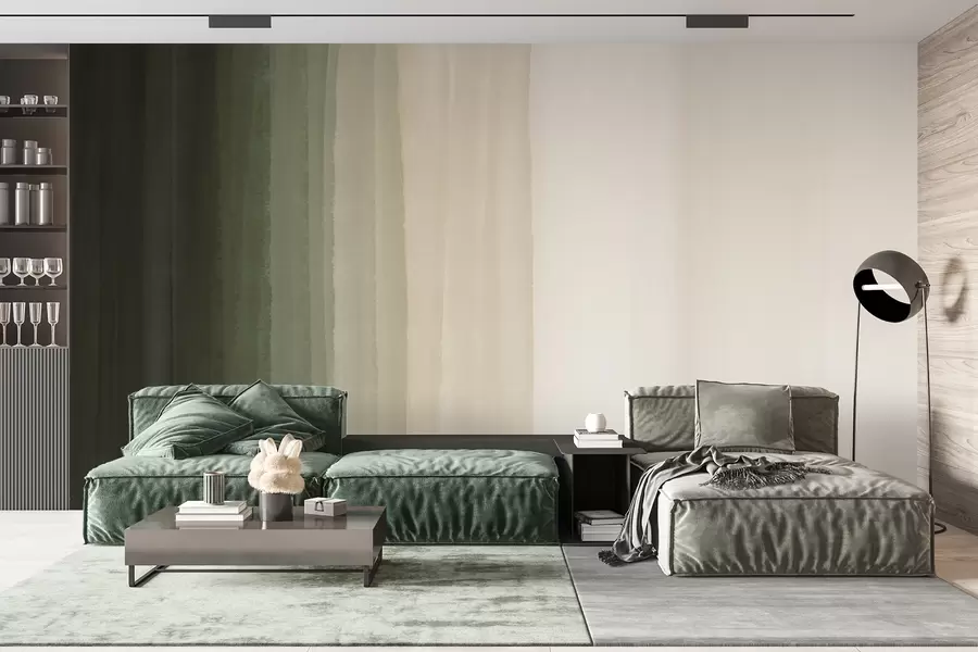 carta da parati Stampa astratta minimalista a strisce verticali di colore verde scuro, beige e bianco  nr. w08915