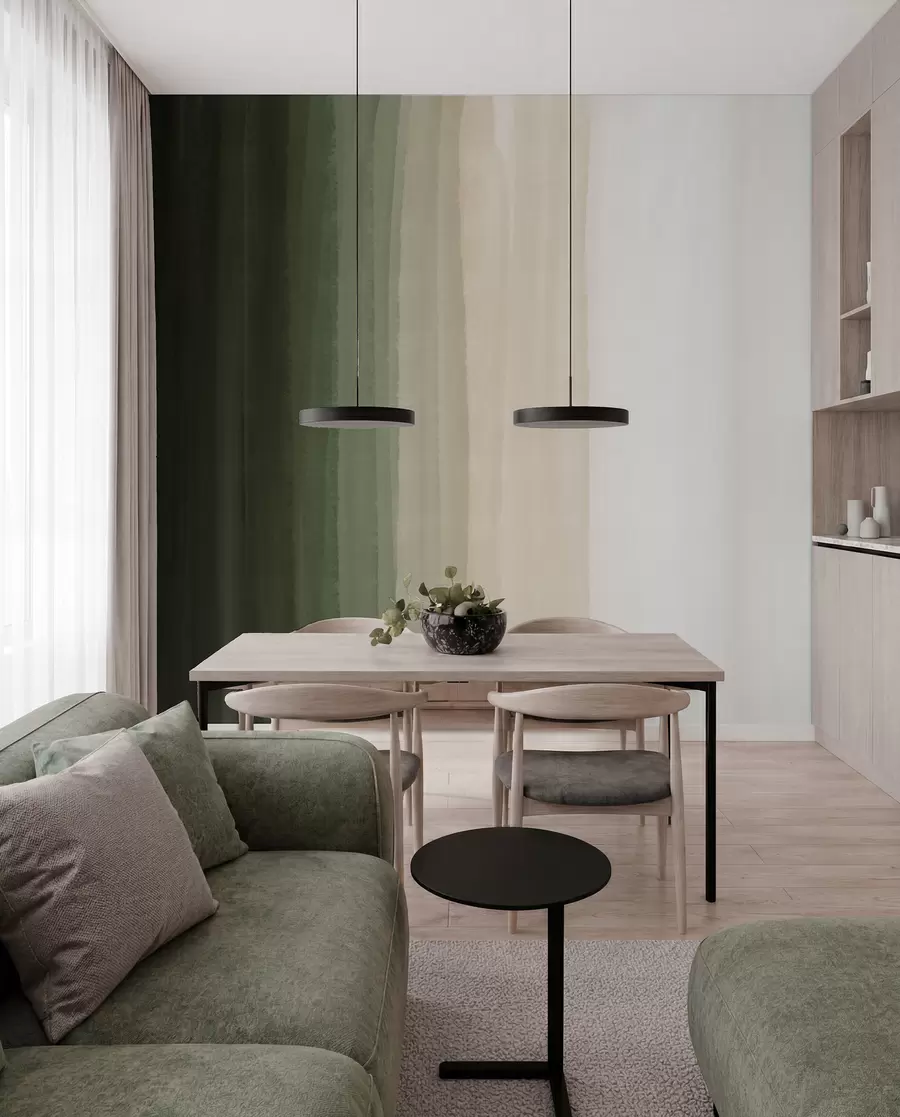 carta da parati Stampa astratta minimalista a strisce verticali di colore verde scuro, beige e bianco  nr. w08915