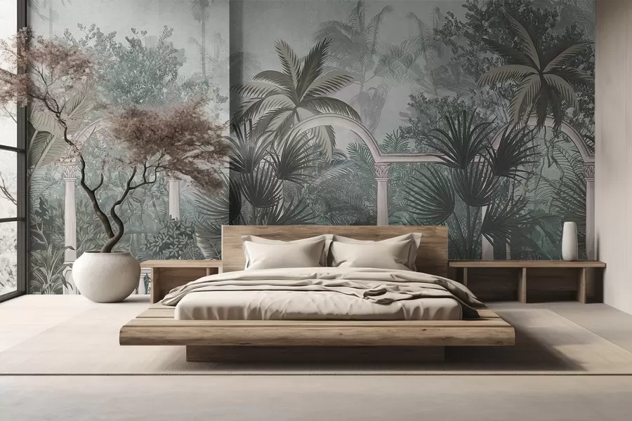 Carta da parati nature Giardino tropicale con palme e vegetazione lussureggiante, balaustra con archi, colori tenui, stile vintage 