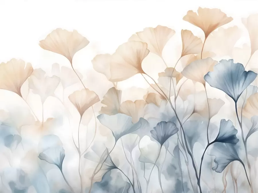 Carta da parati nature Foglie di ginkgo in acquerello blu e arancione, petali traslucidi, steli delicati, tavolozza di colori tenui 