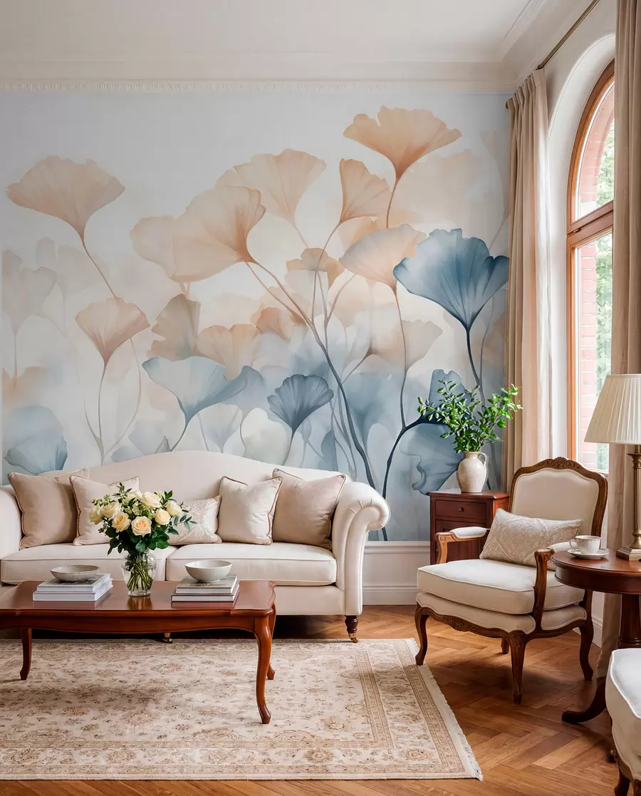 Carta da parati nature Foglie di ginkgo in acquerello blu e arancione, petali traslucidi, steli delicati, tavolozza di colori tenui 