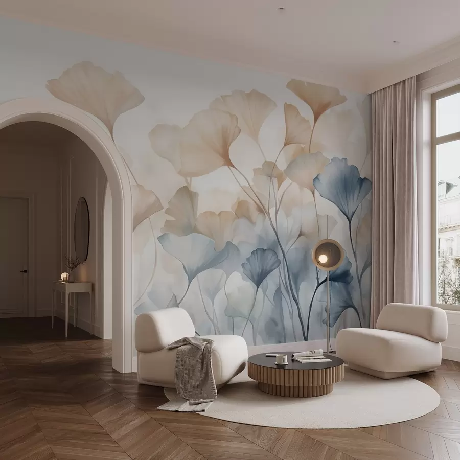 Carta da parati nature Foglie di ginkgo in acquerello blu e arancione, petali traslucidi, steli delicati, tavolozza di colori tenui 