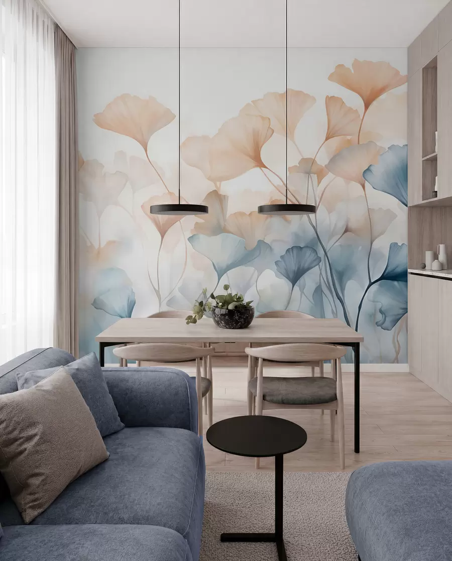 Carta da parati nature Foglie di ginkgo in acquerello blu e arancione, petali traslucidi, steli delicati, tavolozza di colori tenui 