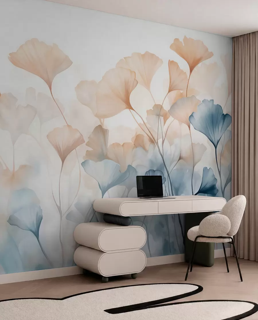 Carta da parati nature Foglie di ginkgo in acquerello blu e arancione, petali traslucidi, steli delicati, tavolozza di colori tenui 