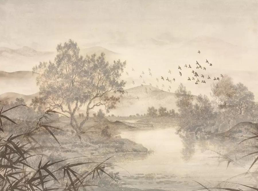 Carta da parati nature Paesaggio vintage strutturato con un albero vicino a un fiume e un cielo nuvoloso, arte naturalistica in toni seppia 