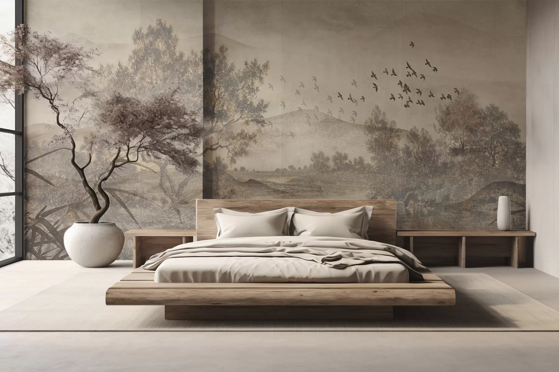 Carta da parati nature Paesaggio vintage strutturato con un albero vicino a un fiume e un cielo nuvoloso, arte naturalistica in toni seppia 