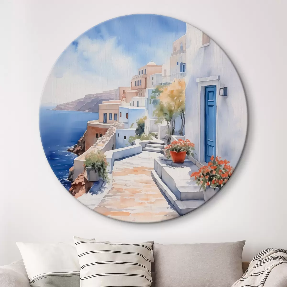 Quadri rotondi Case in riva al mare imitazione dell'acquerello r43346