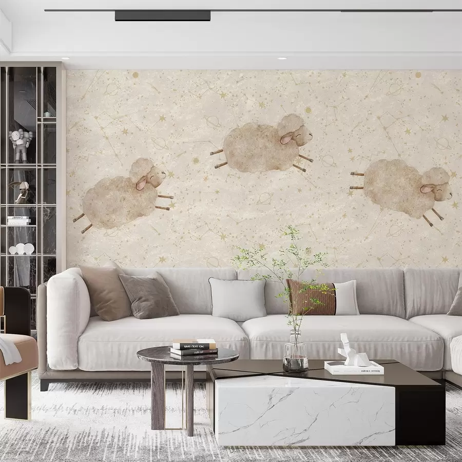 Carta da parati per Bambini Pecore che saltano su uno sfondo stellato 