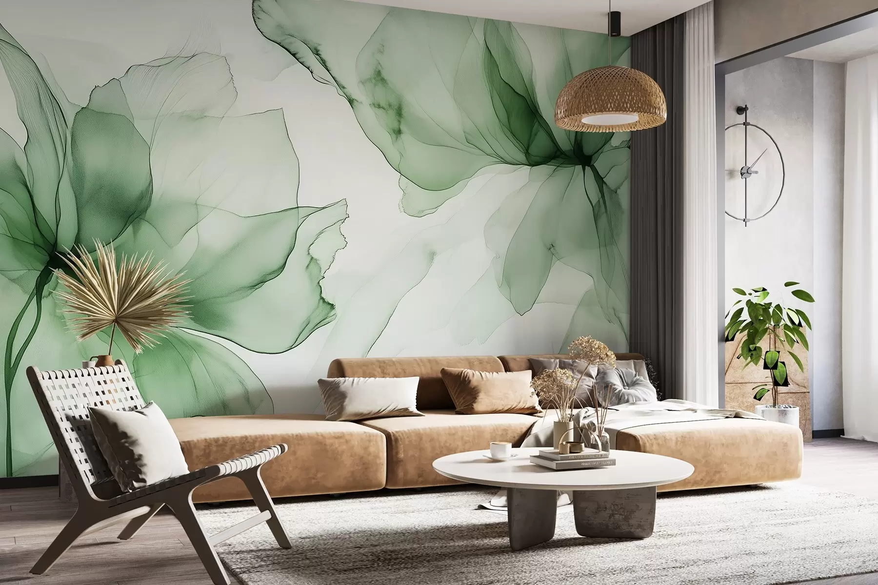 Carta da parati Floreale Fiori in stile fluido, astrazione floreale, acquerello, tavolozza di colori verdi  n. w03406