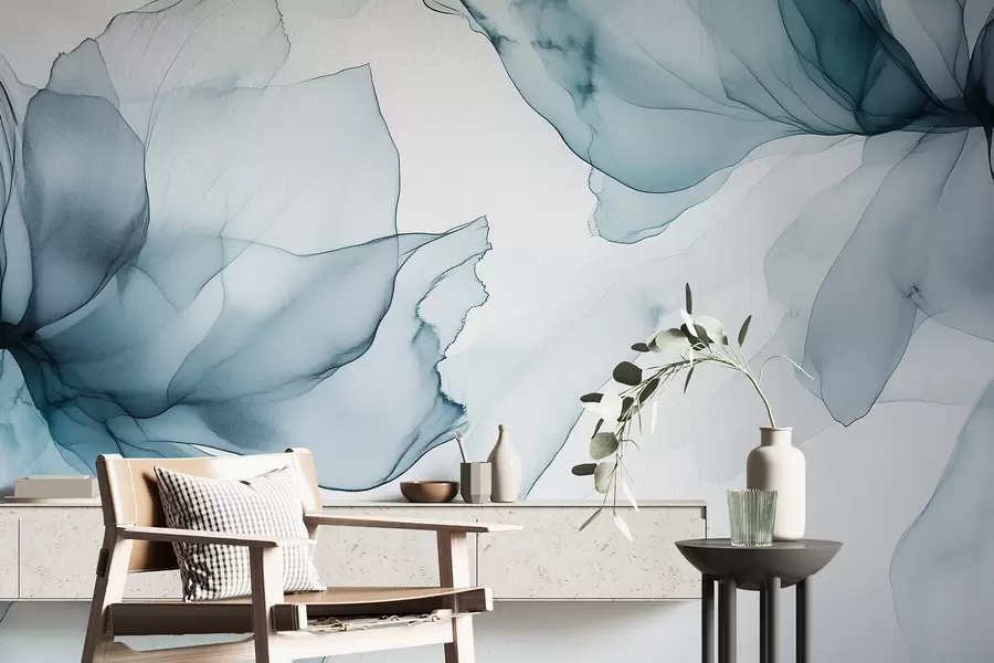 carta da parati Fiori in stile fluido, astrazione floreale, acquerello, tavolozza di colori blu  nr. w03406v2