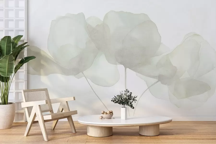 Carta da parati Floreale Bellissimi fiori, colori pastello tenui, minimalismo, naturale, rustico, beige e verde n. w03407