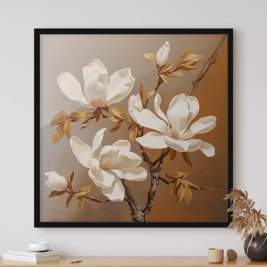carta da parati Stile di pittura a olio con una magnolia bianca su un ramo su uno sfondo giallo nr. f43361