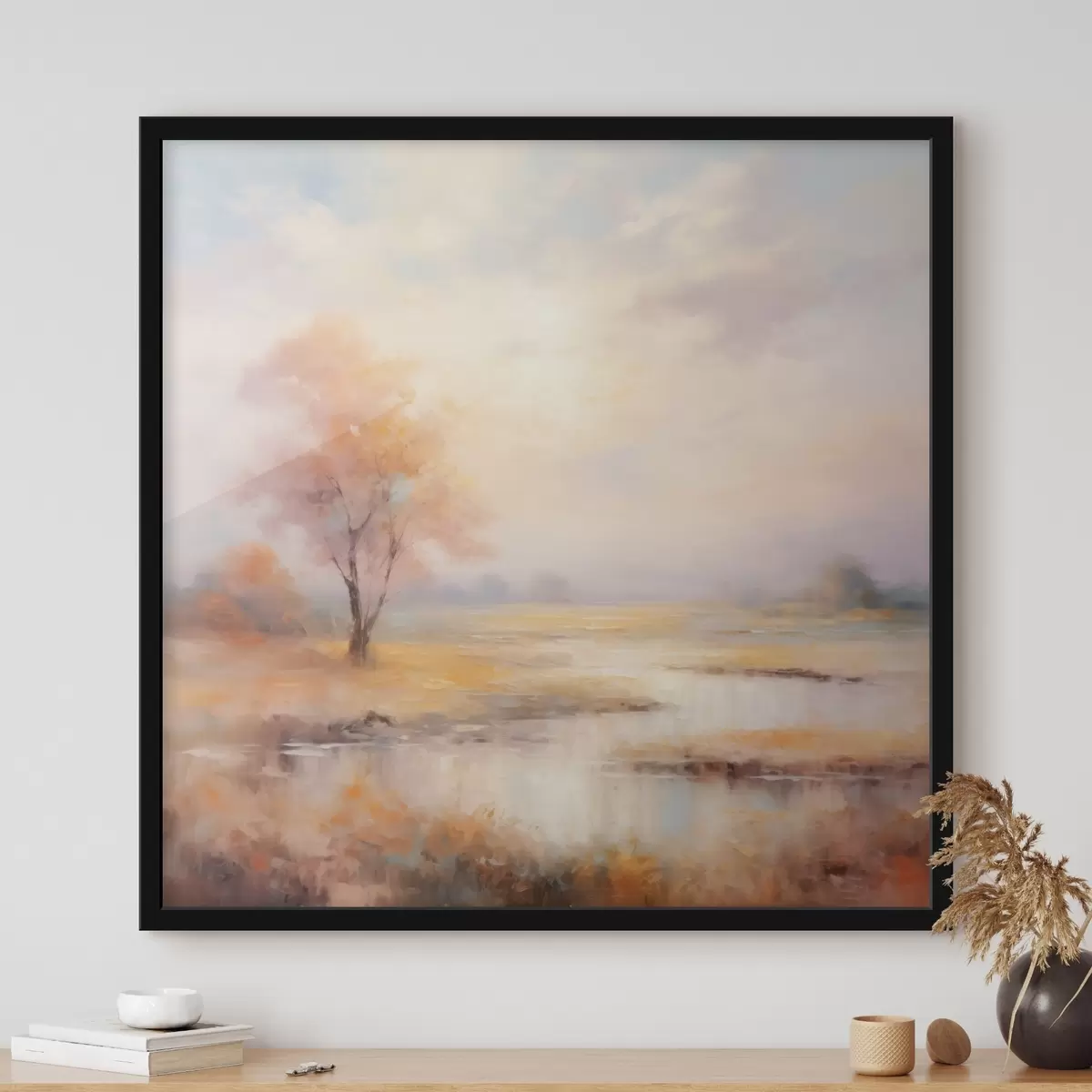 Poster Paesaggio dai toni caldi con un fiume e un albero f43375