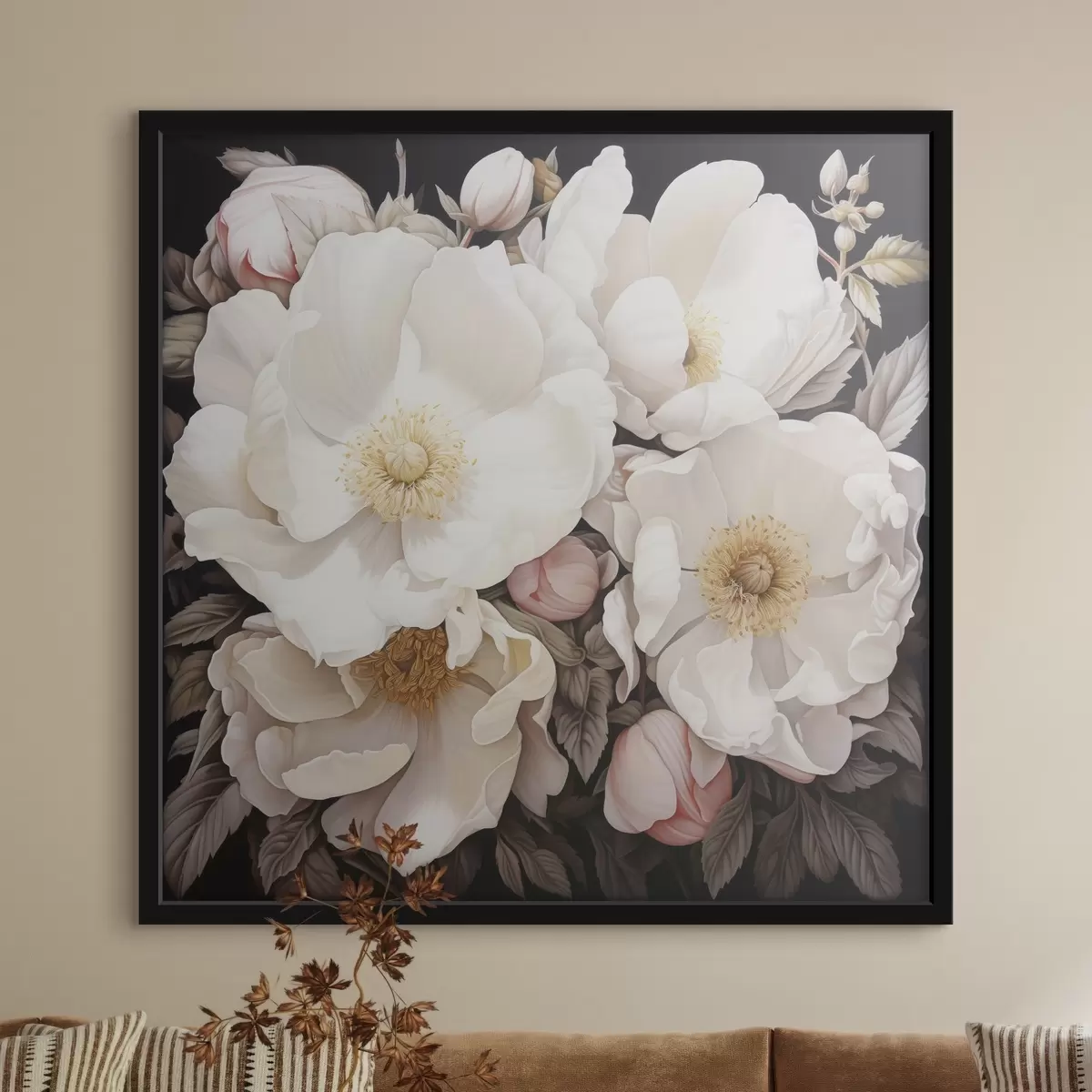 Poster Fiori di peonia bianchi su sfondo scuro in stile pittura acrilica f43379