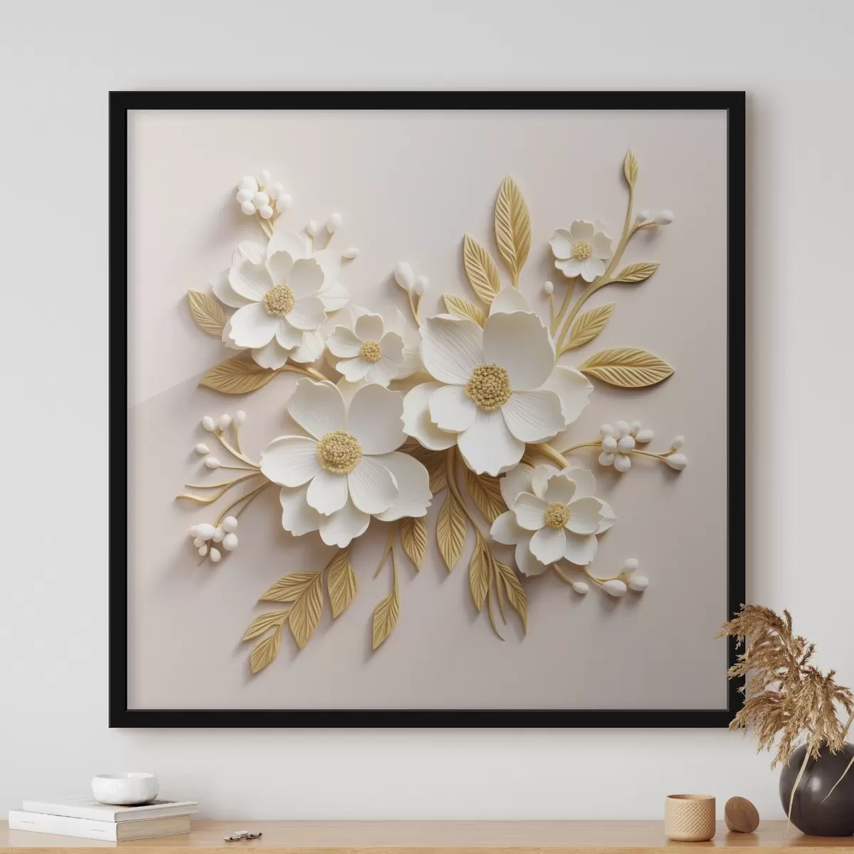 Poster fiori bianchi 3D con foglie su sfondo crema f43383