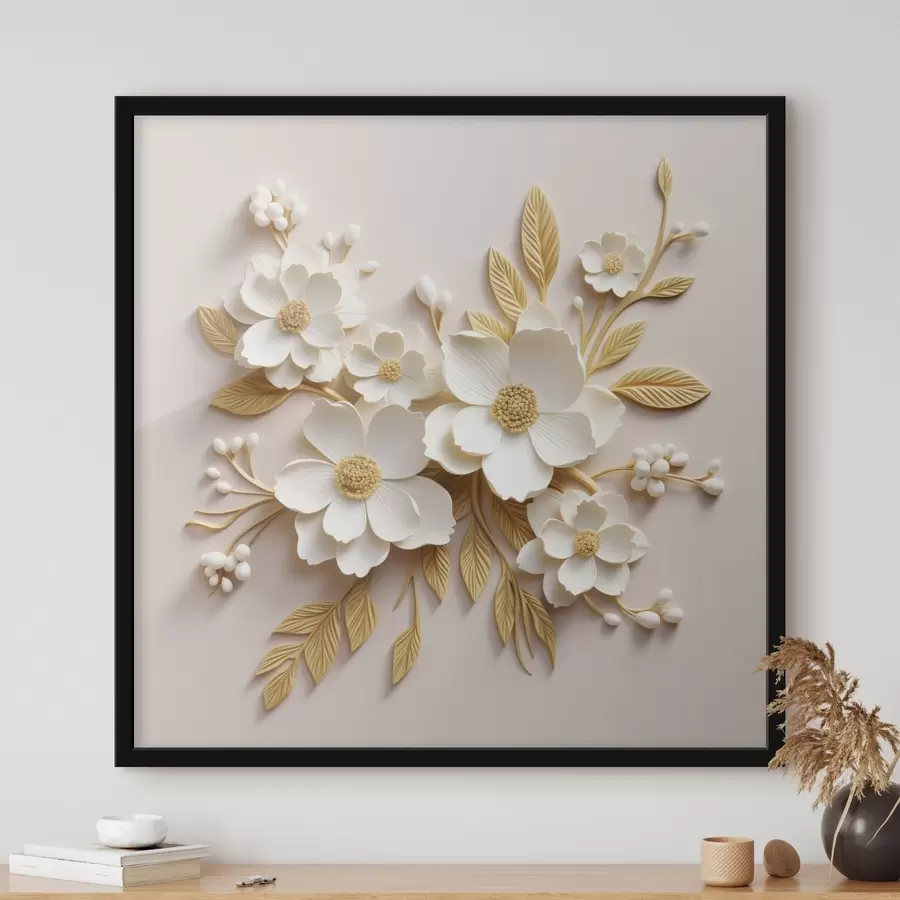 carta da parati fiori bianchi 3D con foglie su sfondo crema nr. f43383