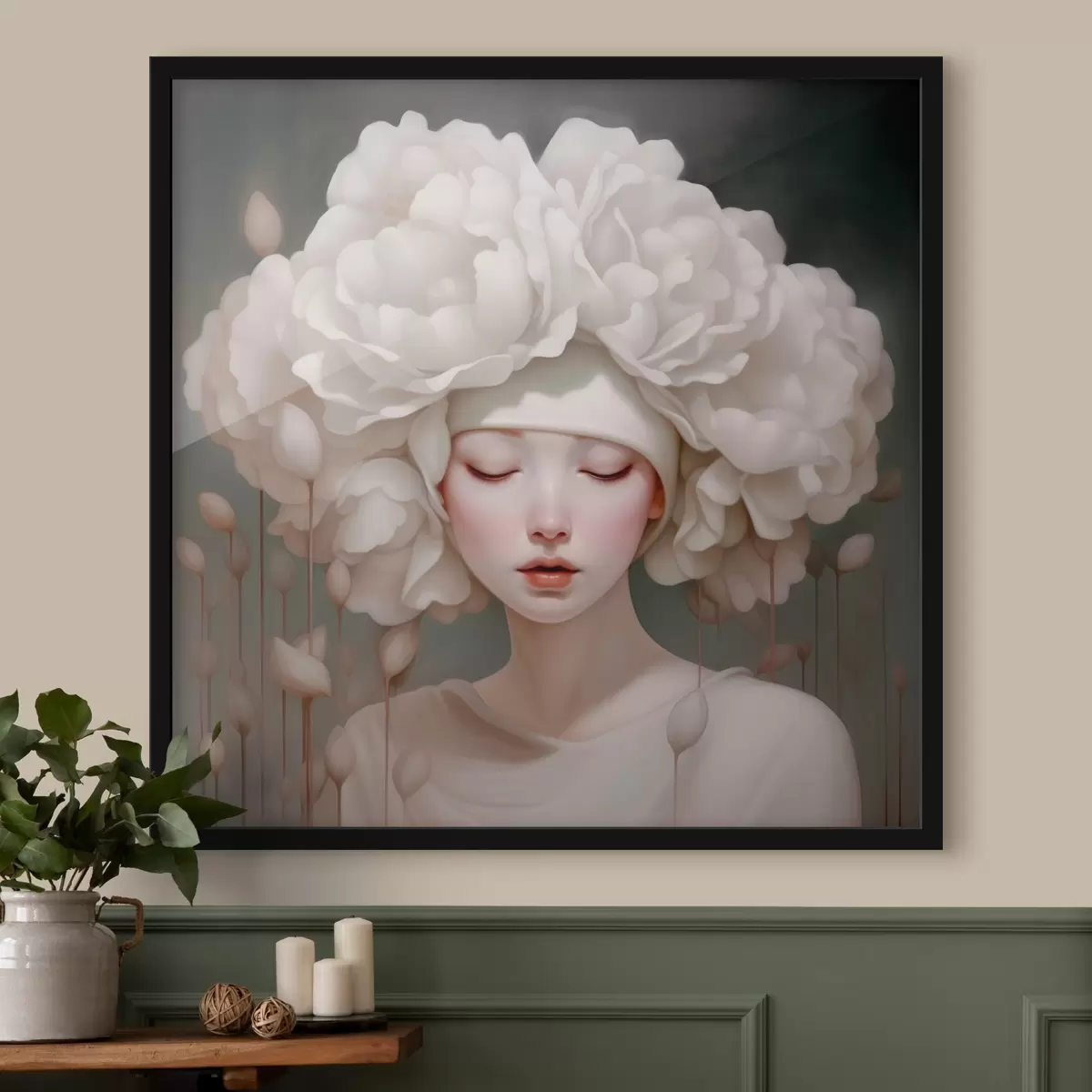 Poster Ragazza con fiori in testa in toni tenui f43385